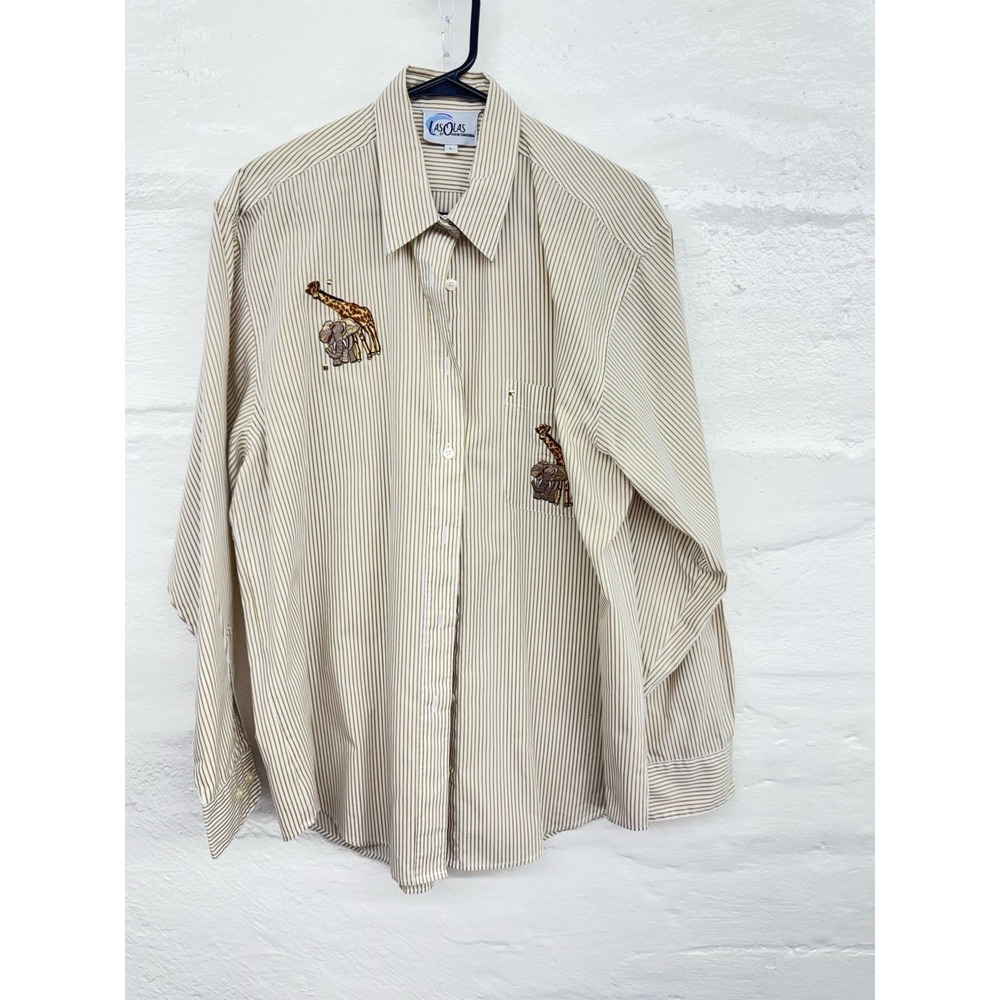 Las Olas Vintage Womens Shirt Large Giraffe Elephant Zoo Safari Striped